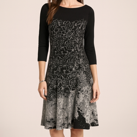 NIC+ZOE Dresses & Skirts - Nic + Zoe Black & Gray Floral Fit & Flare Sweater Dress Medium